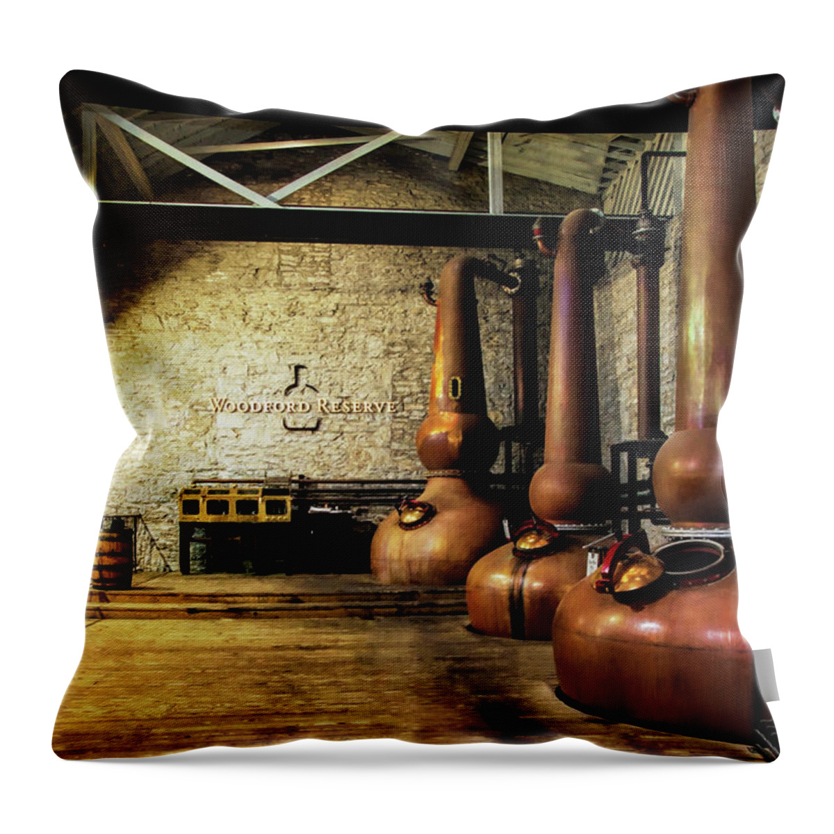 Woodford Reserve Bourbon Stills Throw Pillow featuring the photograph Copper Still House by Karen Varnas