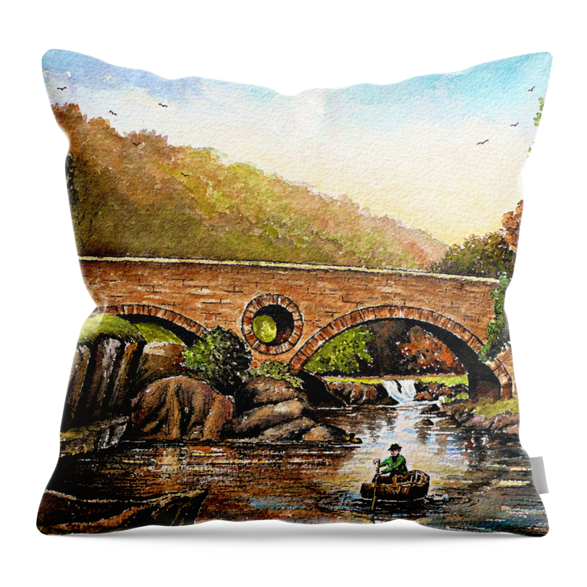 Cenarth Throw Pillow featuring the painting Coracle fishing Cenarth by Andrew Read