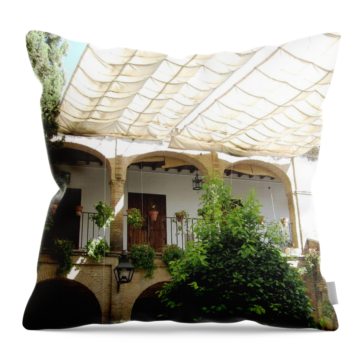 Cordoba Throw Pillow featuring the photograph Cordoba Arched Brick Balcony Courtyard Spain by John Shiron