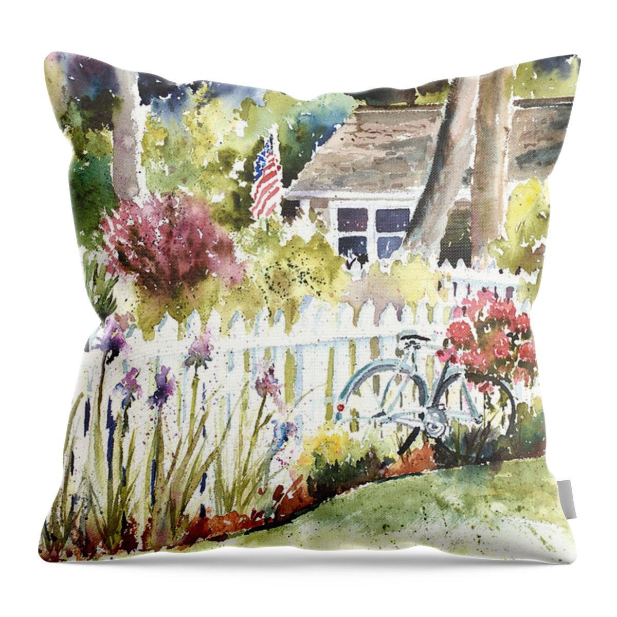 Vintage Bicycle Against Cottage And Picket Fence. Iris Throw Pillow featuring the painting Corey Bike by Sandra Strohschein