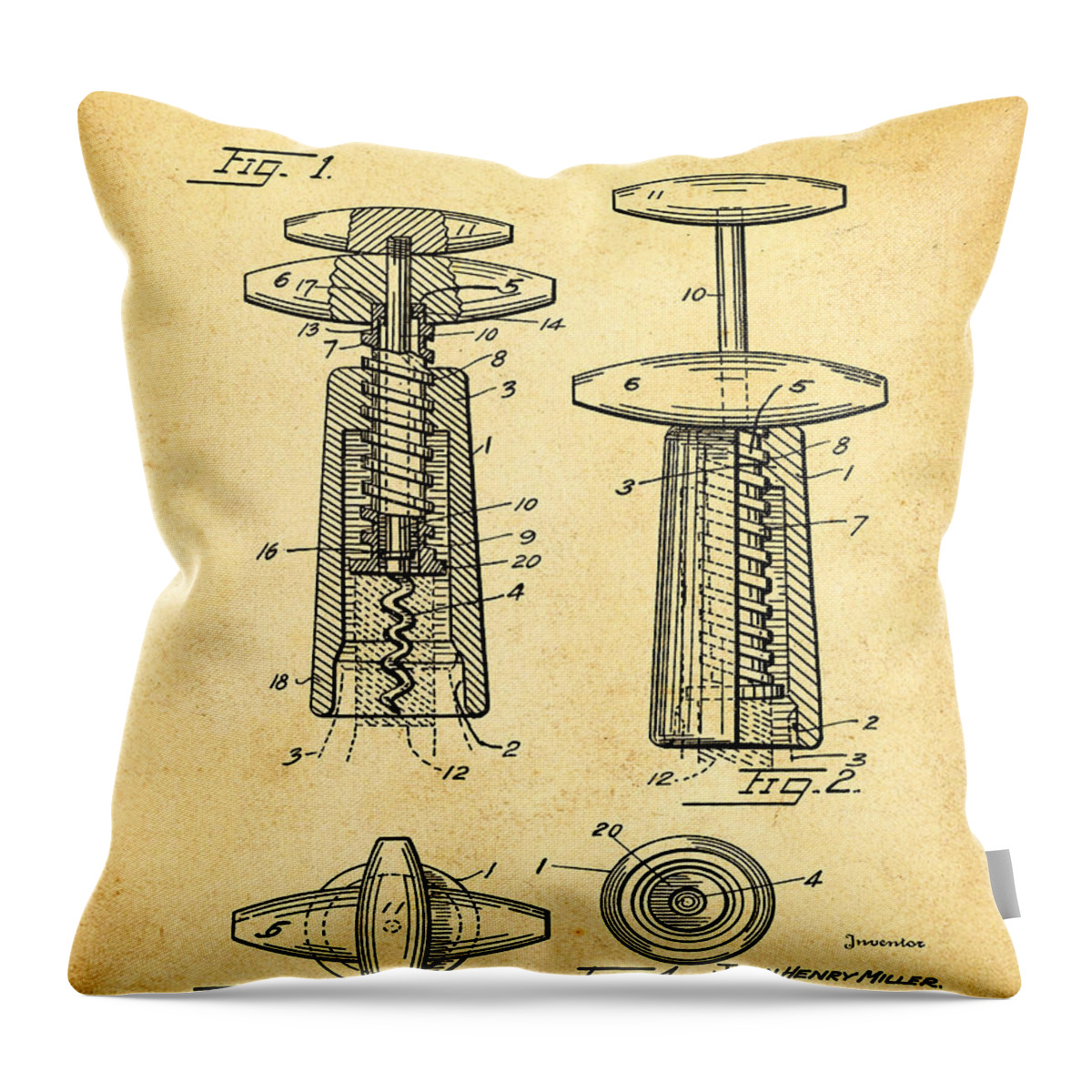 Corkscrew Throw Pillow featuring the photograph Corkscrew Patent 1944 Vintage Sepia by Bill Cannon