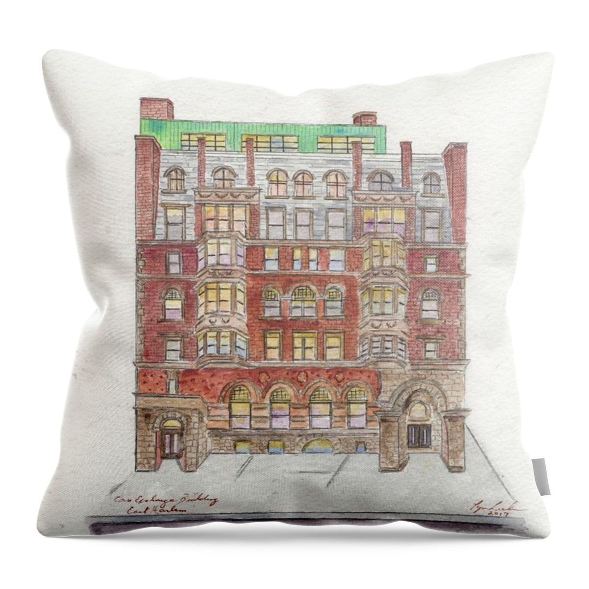 Mount Morris Bank Throw Pillow featuring the painting The Historic Corn Exchange Building in East Harlem by Afinelyne