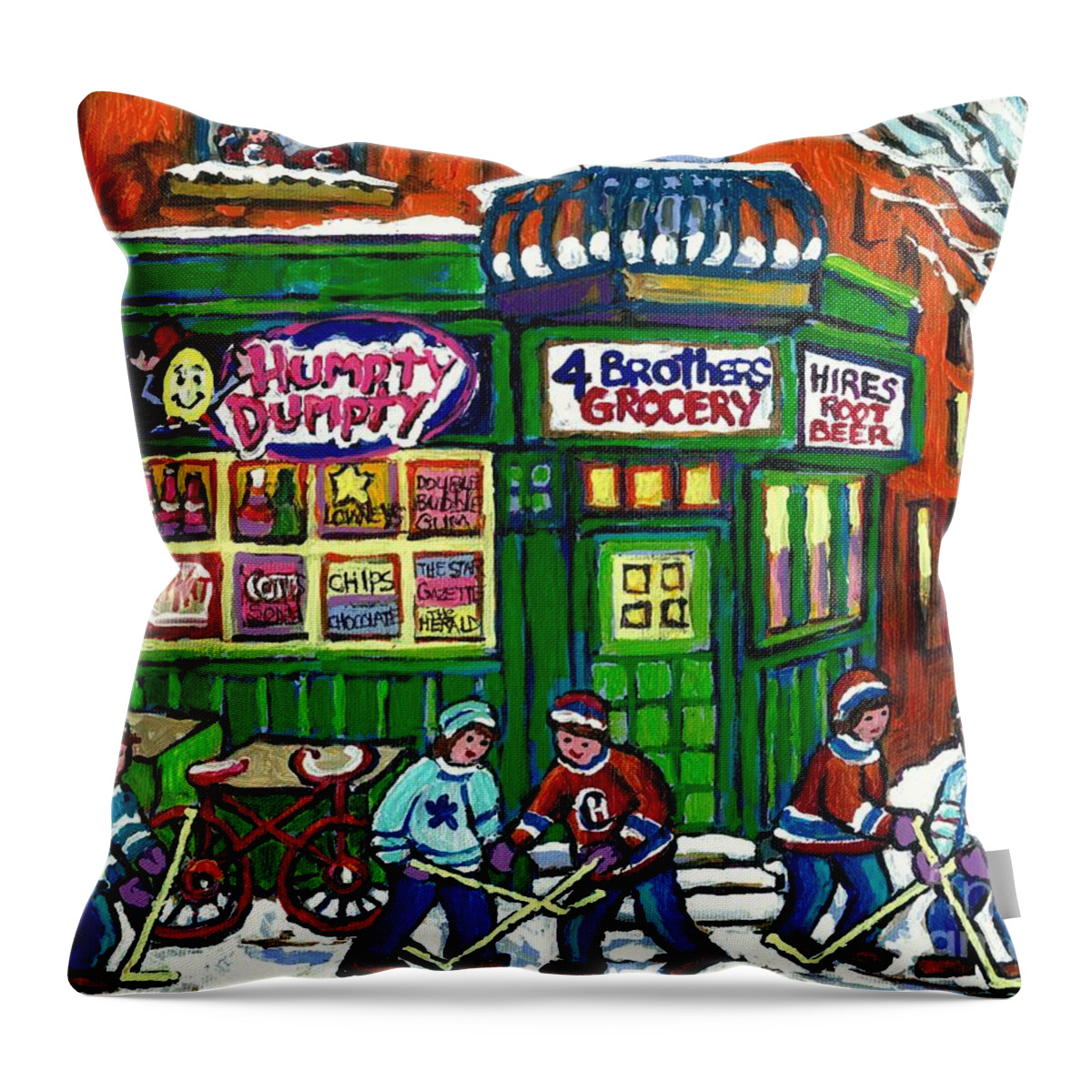 Montreal Throw Pillow featuring the painting Corner Store Paintings Vintage Grocery Humpty Dumpty 4 Brothers Hires Root Beer Truck Canadian Art by Carole Spandau