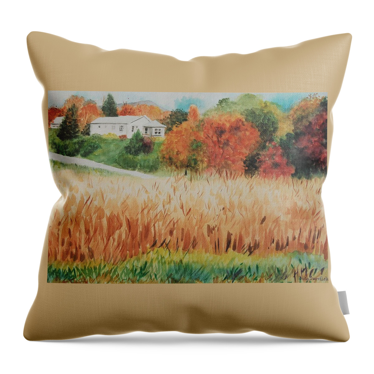 Autumn Throw Pillow featuring the painting Cornfield in Autumn by Judy Swerlick