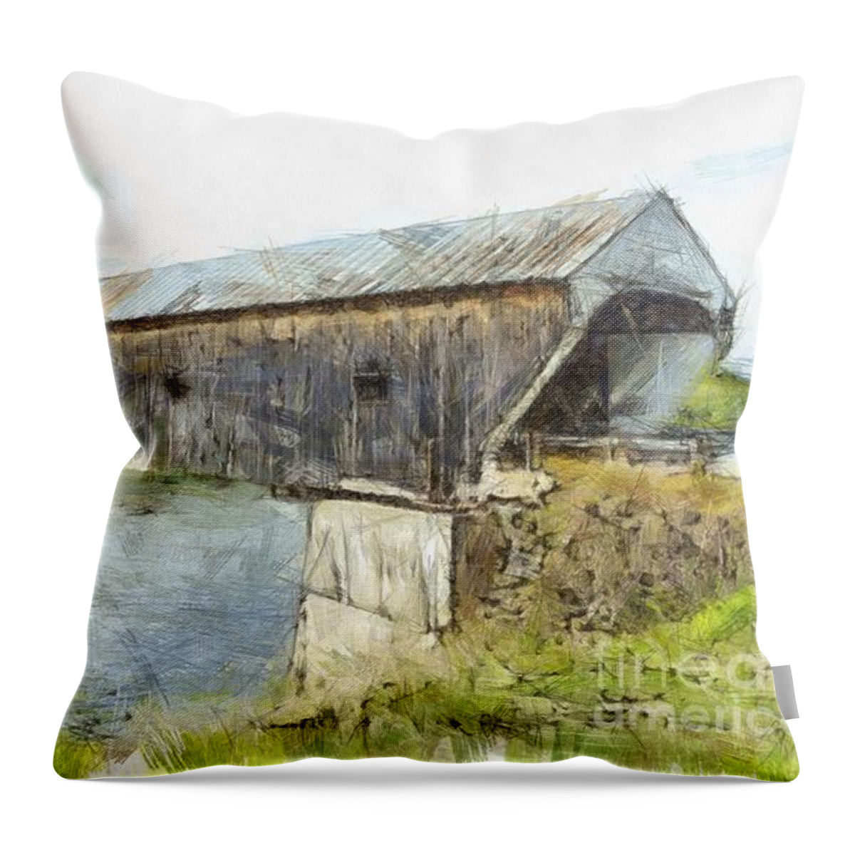 Colored Throw Pillow featuring the photograph Cornish Windsor Covered Bridge Pencil by Edward Fielding