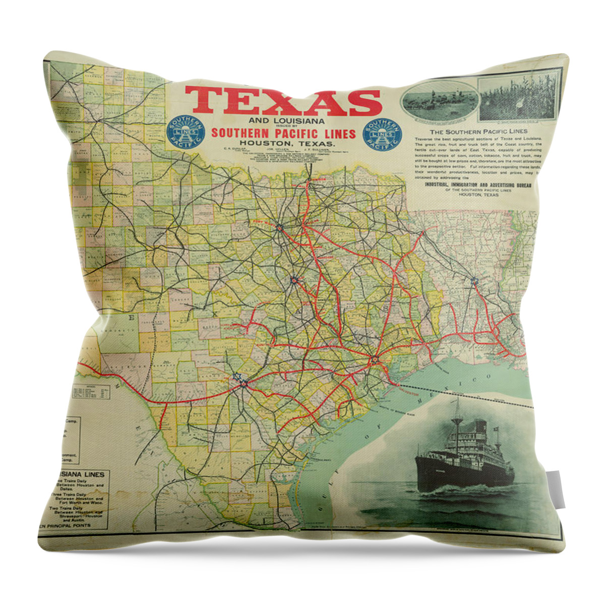 Texas Throw Pillow featuring the digital art Correct Map of Texas and Louisiana 1917 by Texas Map Store