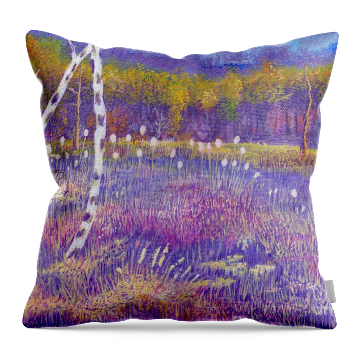 Cors Caron Throw Pillow featuring the painting Cors Caron bulrushes with Purple Grasses by Edward McNaught-Davis