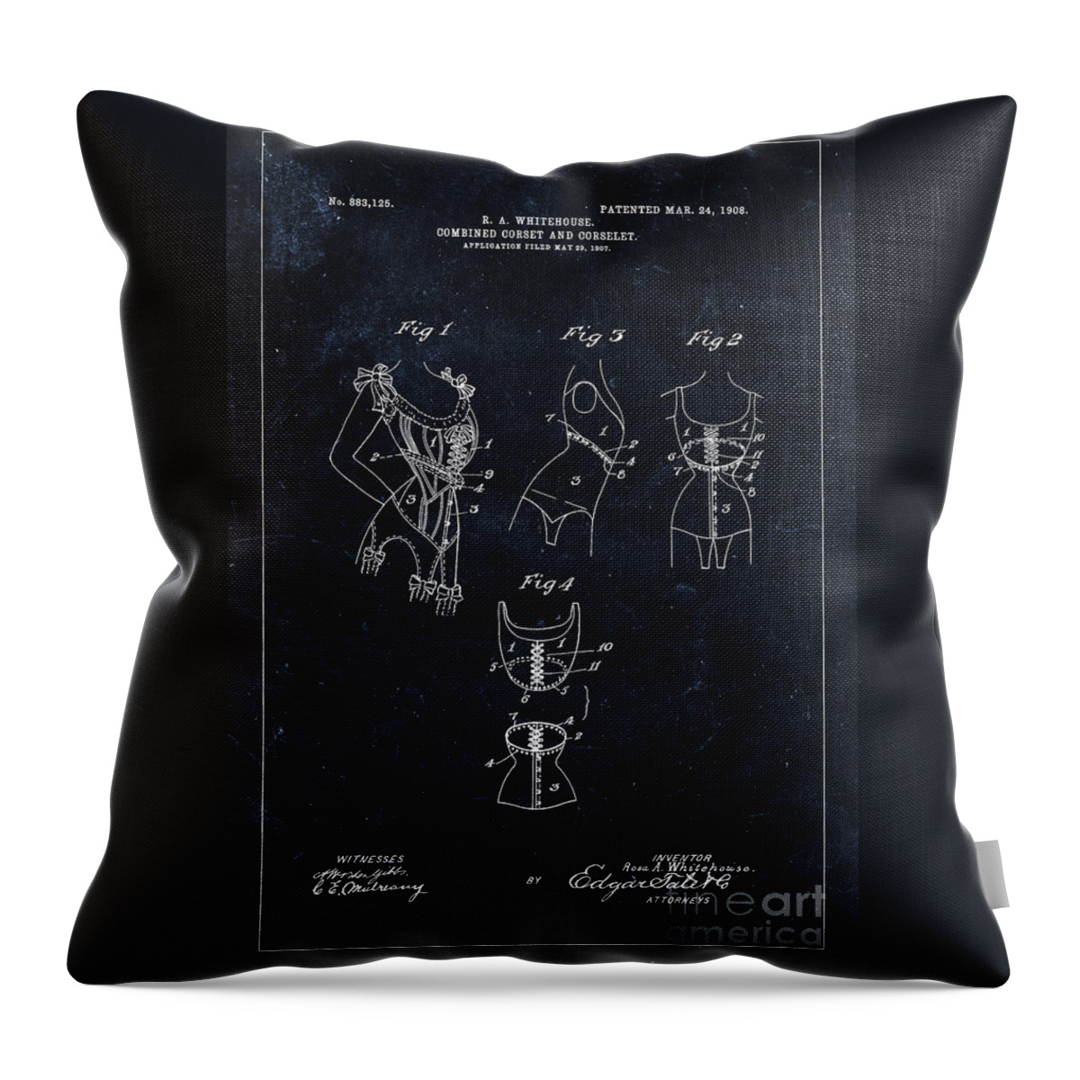 Corset Throw Pillow featuring the drawing Corset patent from 1908 - black by Delphimages Photo Creations