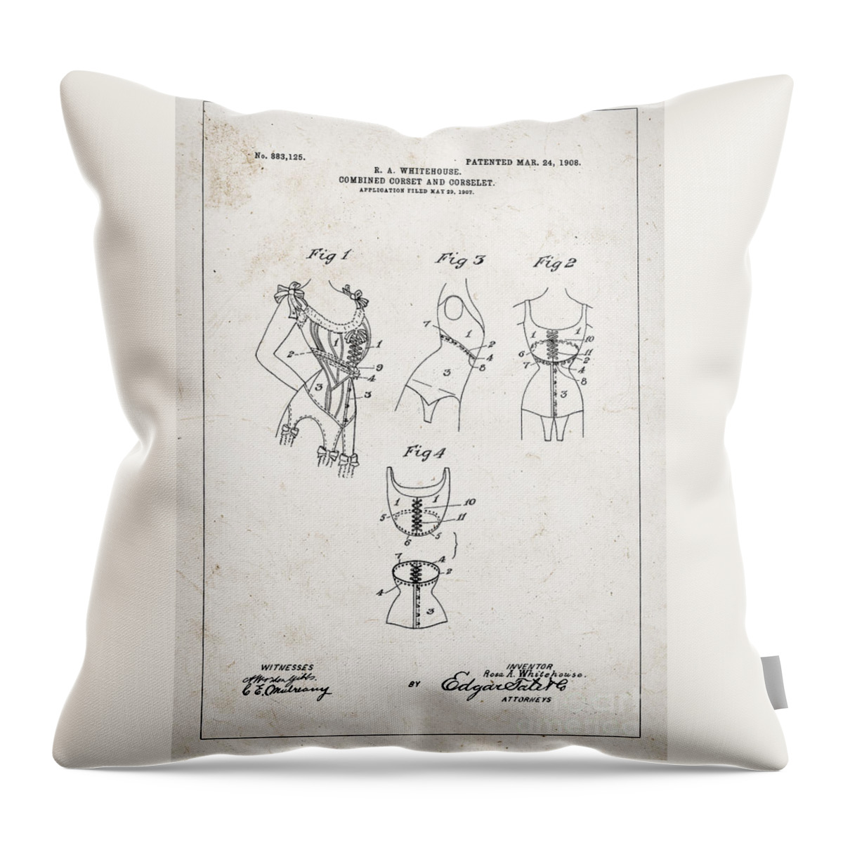 Corset Throw Pillow featuring the drawing Corset patent from 1908 by Delphimages Photo Creations