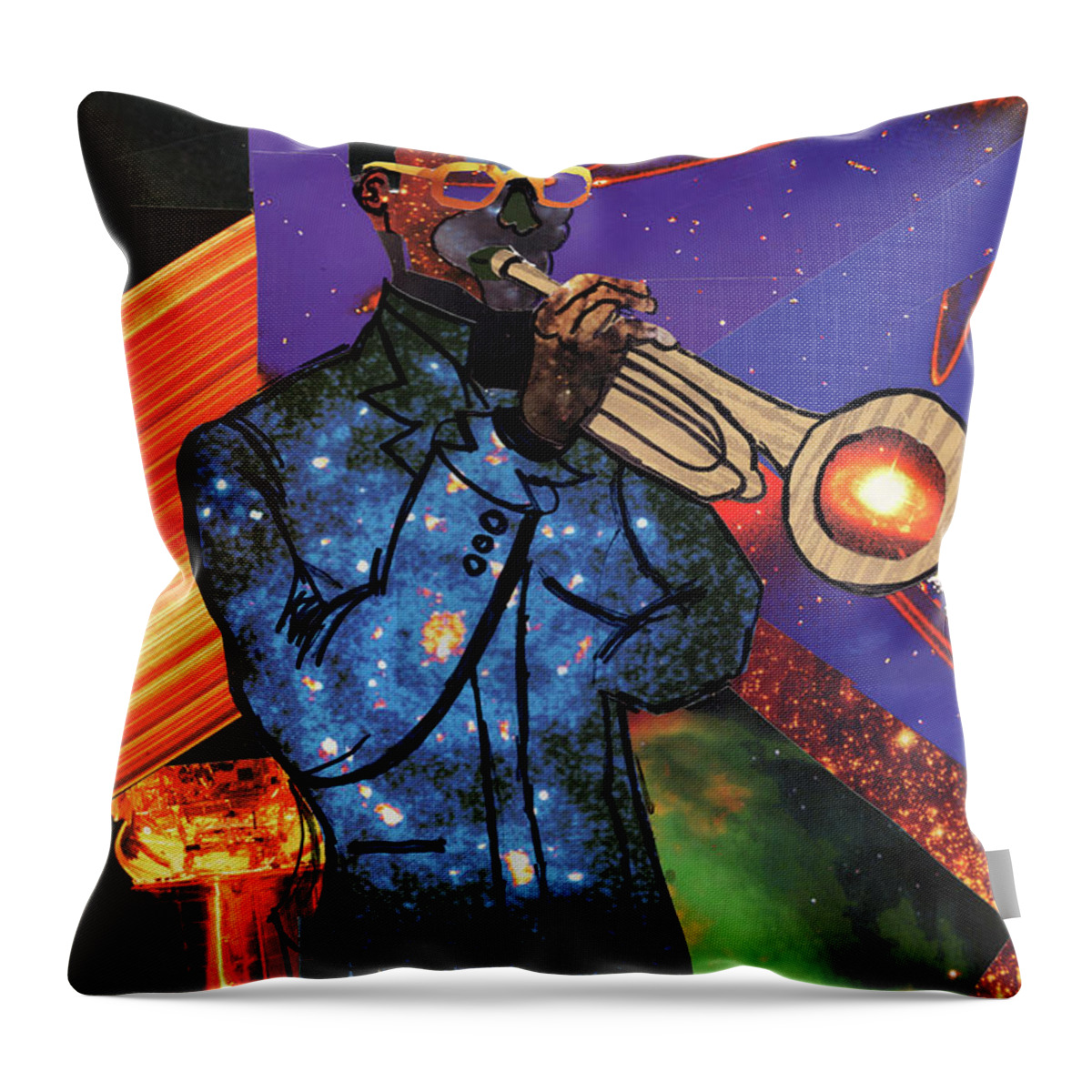 African Mask Throw Pillow featuring the mixed media Cosmic Trumpeter by Everett Spruill