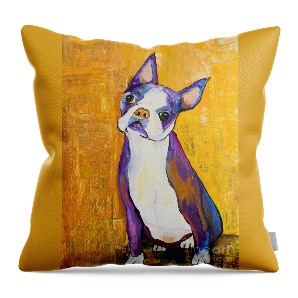 Boston Terrier Animals Acrylic Dog Portraits Pet Portraits Animal Portraits Pat Saunders-white Throw Pillow featuring the painting Cosmo by Pat Saunders-White