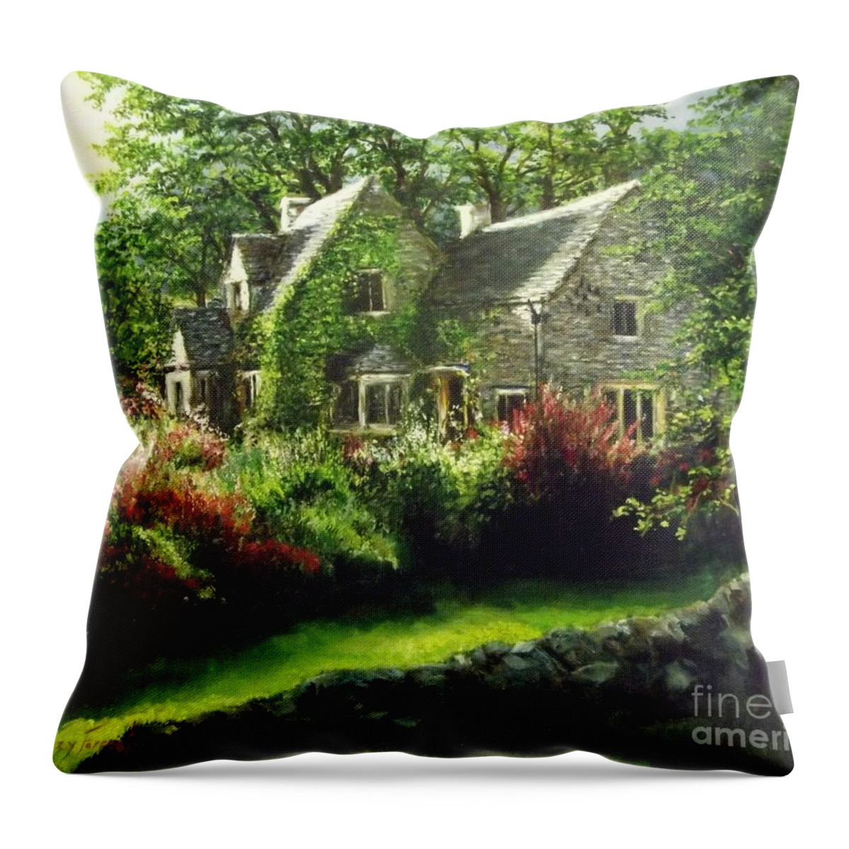 Cotswolds Throw Pillow featuring the painting Cotswolds Scene III by Lizzy Forrester