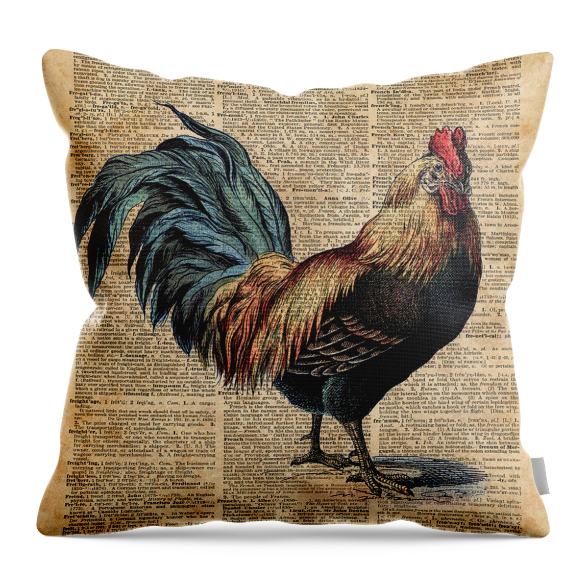 Art Throw Pillow featuring the digital art Cottage Rooster Illustration Vintage Dictionary Book Page by Anna W
