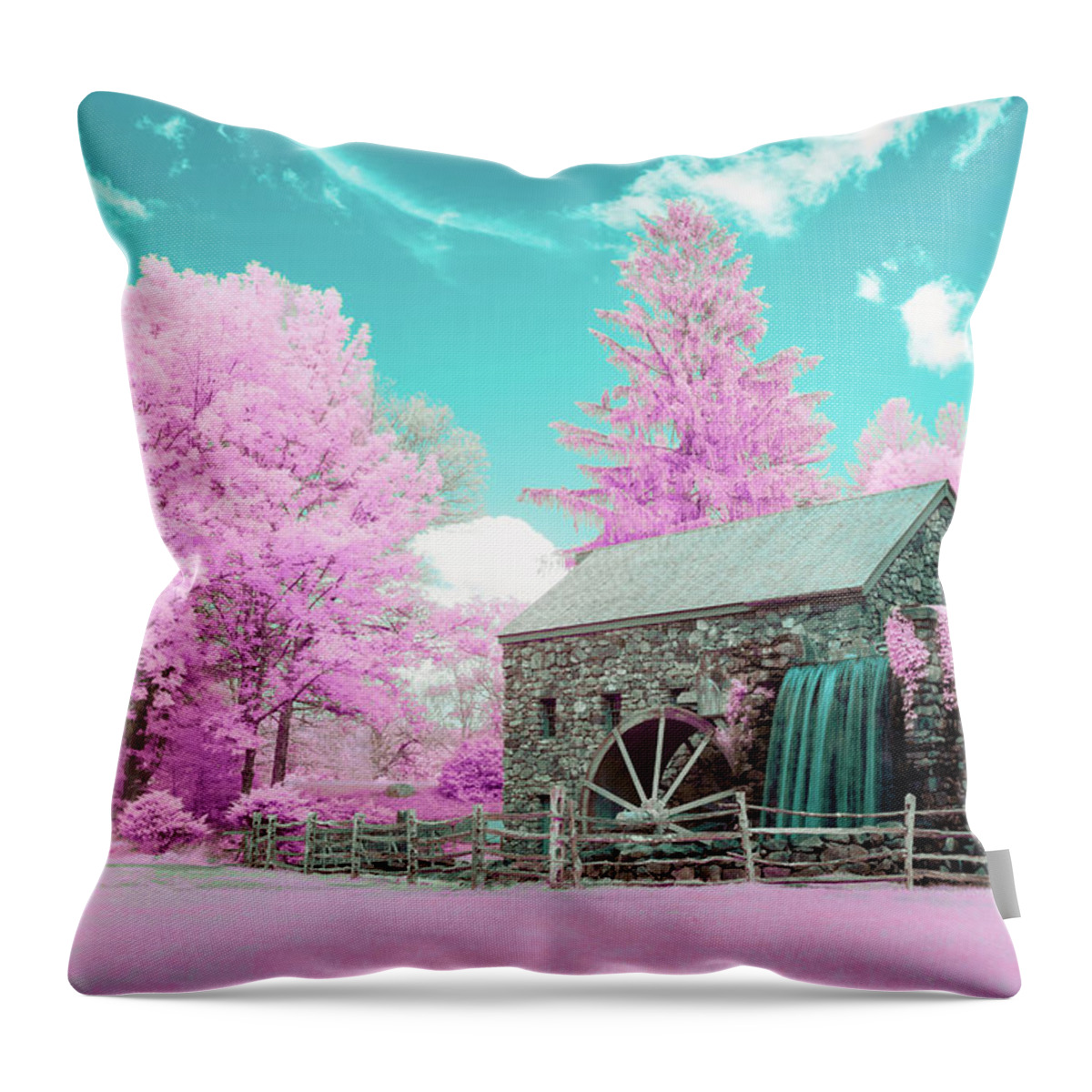 Infrared Grist Mill Ir Infra Red Pink Blue Cotton Candy Sudbury Historic Iconic Waterwheel Water Wheel Waterfall Falls Fall Spring Outside Outdoors Stone Wall Architecture Building Fence Wooden Field Trees Sky Clouds Cloudy Ma Mass Massachusetts Brian Hale Brianhalephoto Newengland New England U.s.a. Usa Unique Different Throw Pillow featuring the photograph Cotton Candy Grist Mill by Brian Hale