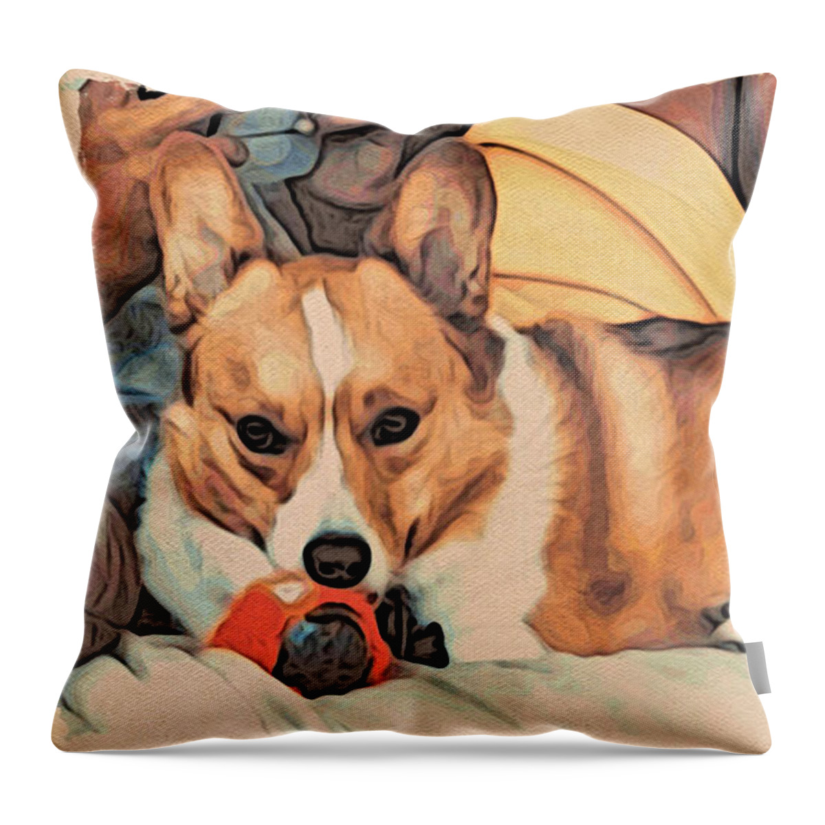 Pembroke Welsh Corgi Throw Pillow featuring the digital art Couch Corgi Chewing a Ball by Kathy Kelly