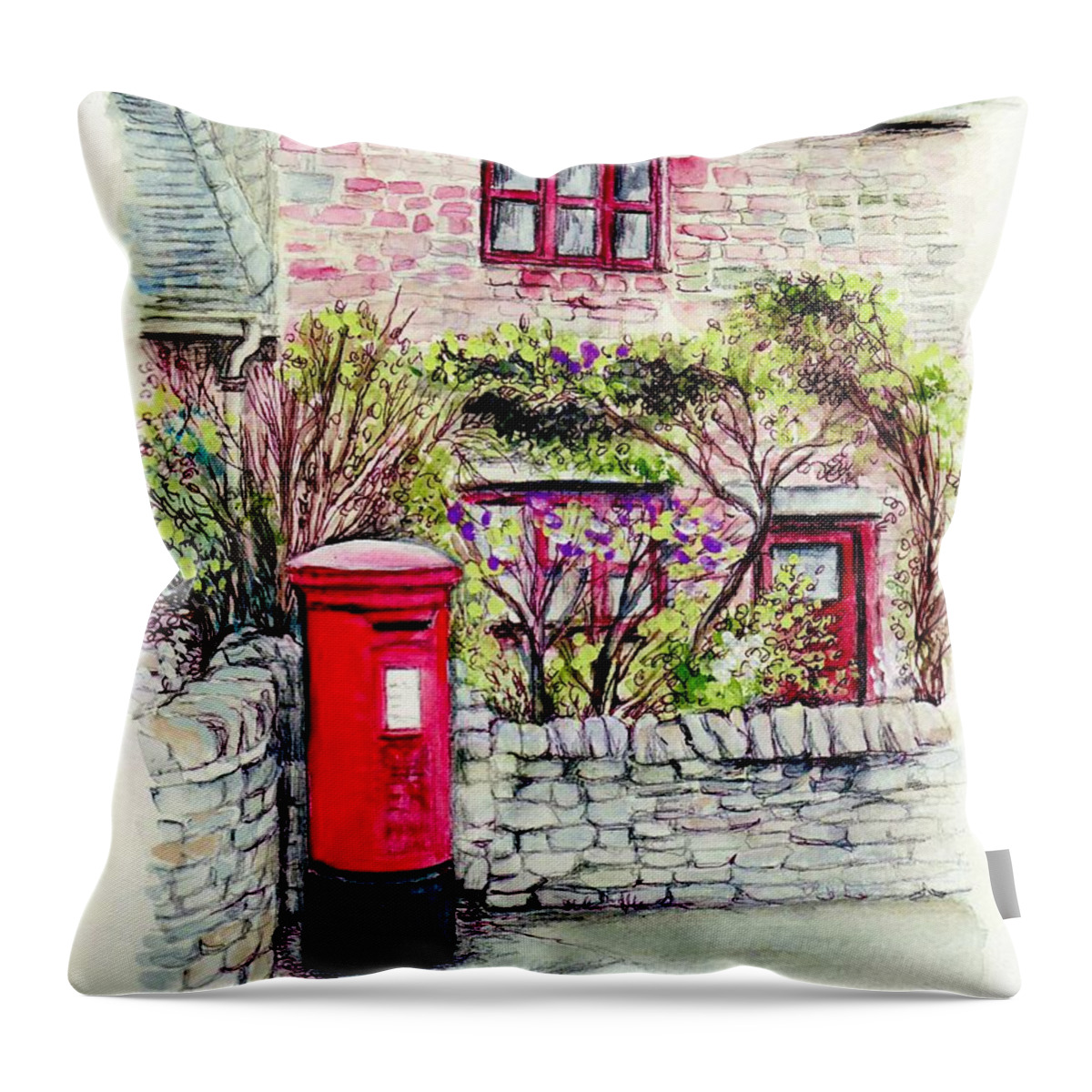 Country Throw Pillow featuring the painting Country Village Post Box by Morgan Fitzsimons