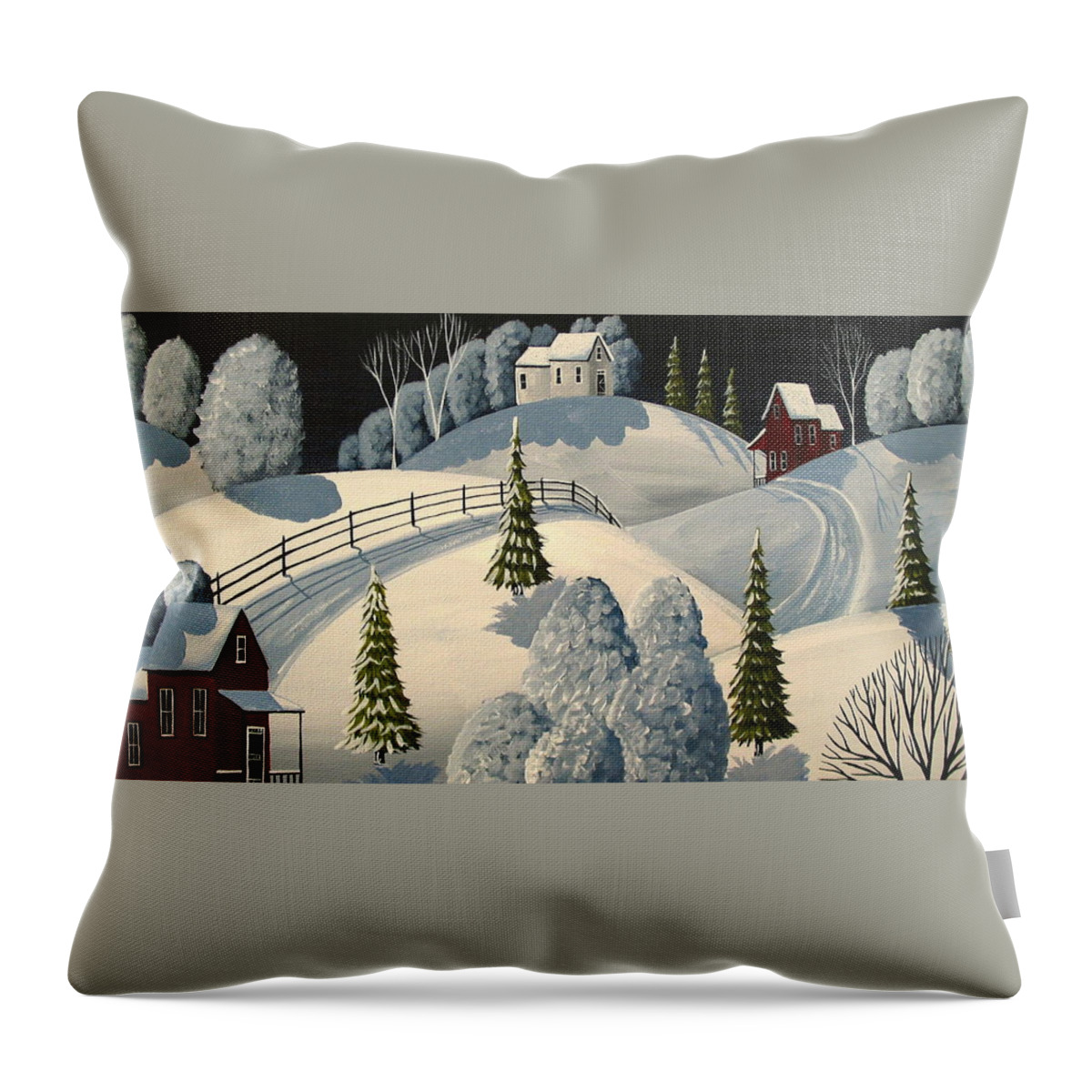 Art Throw Pillow featuring the painting Country Winter Night - folk art landscape by Debbie Criswell