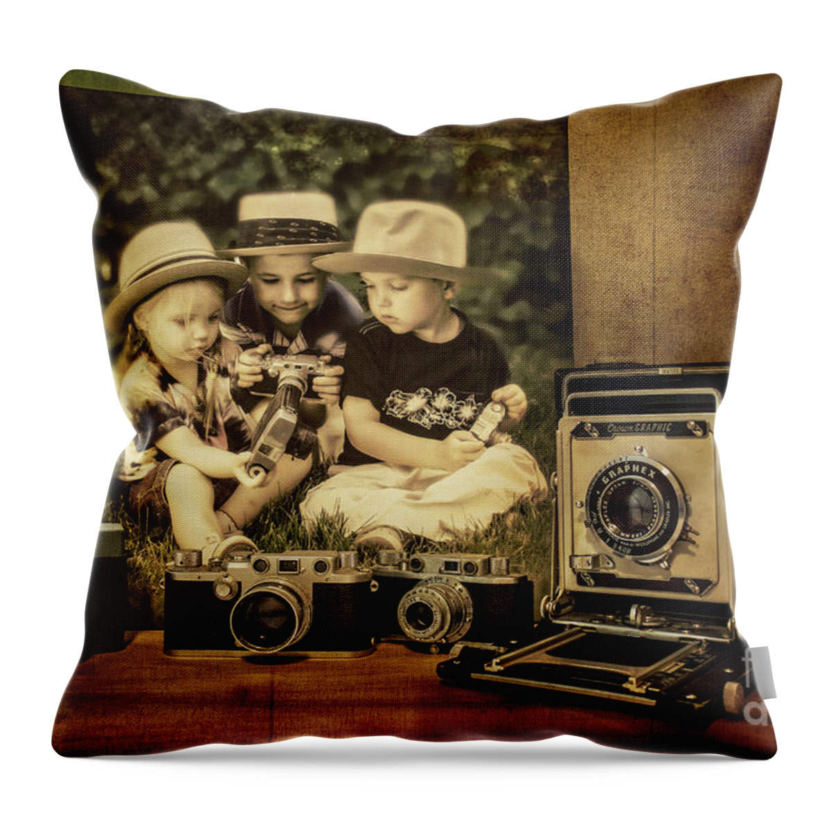 Children Throw Pillow featuring the photograph Cousins And Cameras by John Anderson