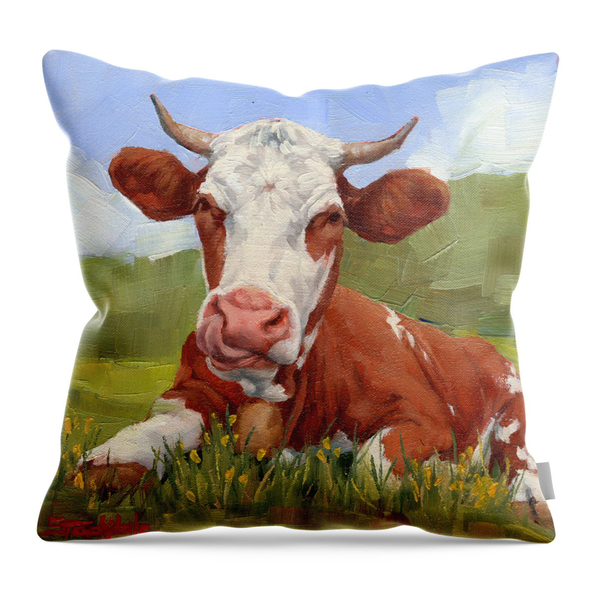 Cow Throw Pillow featuring the painting Cow Lick Mini Painting by Margaret Stockdale
