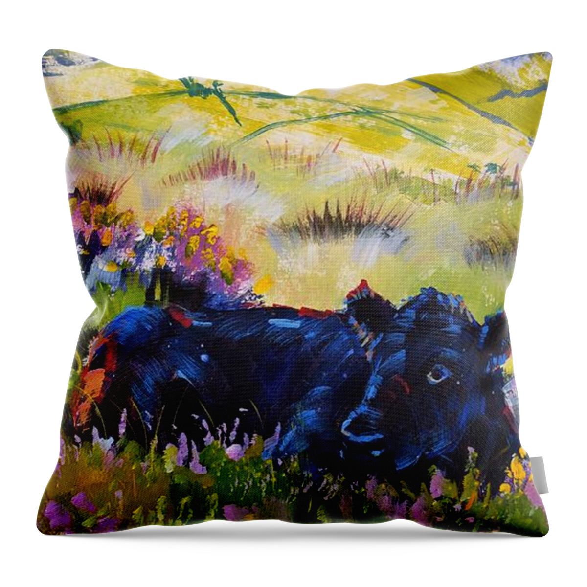 Black Throw Pillow featuring the painting Cow lying down among plants by Mike Jory