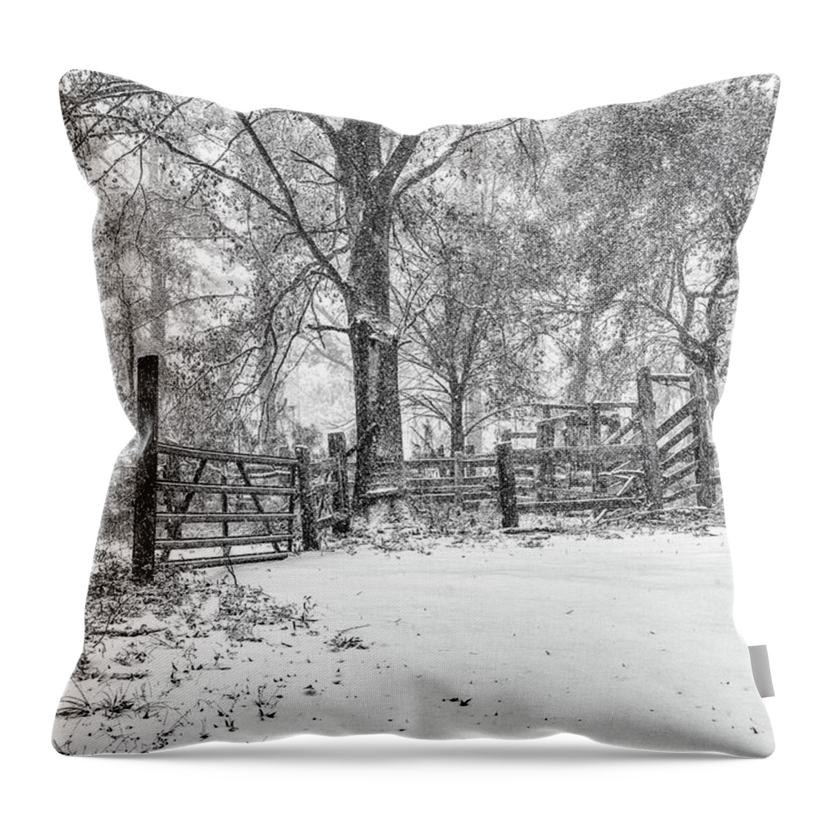 Chisolm Throw Pillow featuring the photograph Cow Pen Snow Scene by Scott Hansen