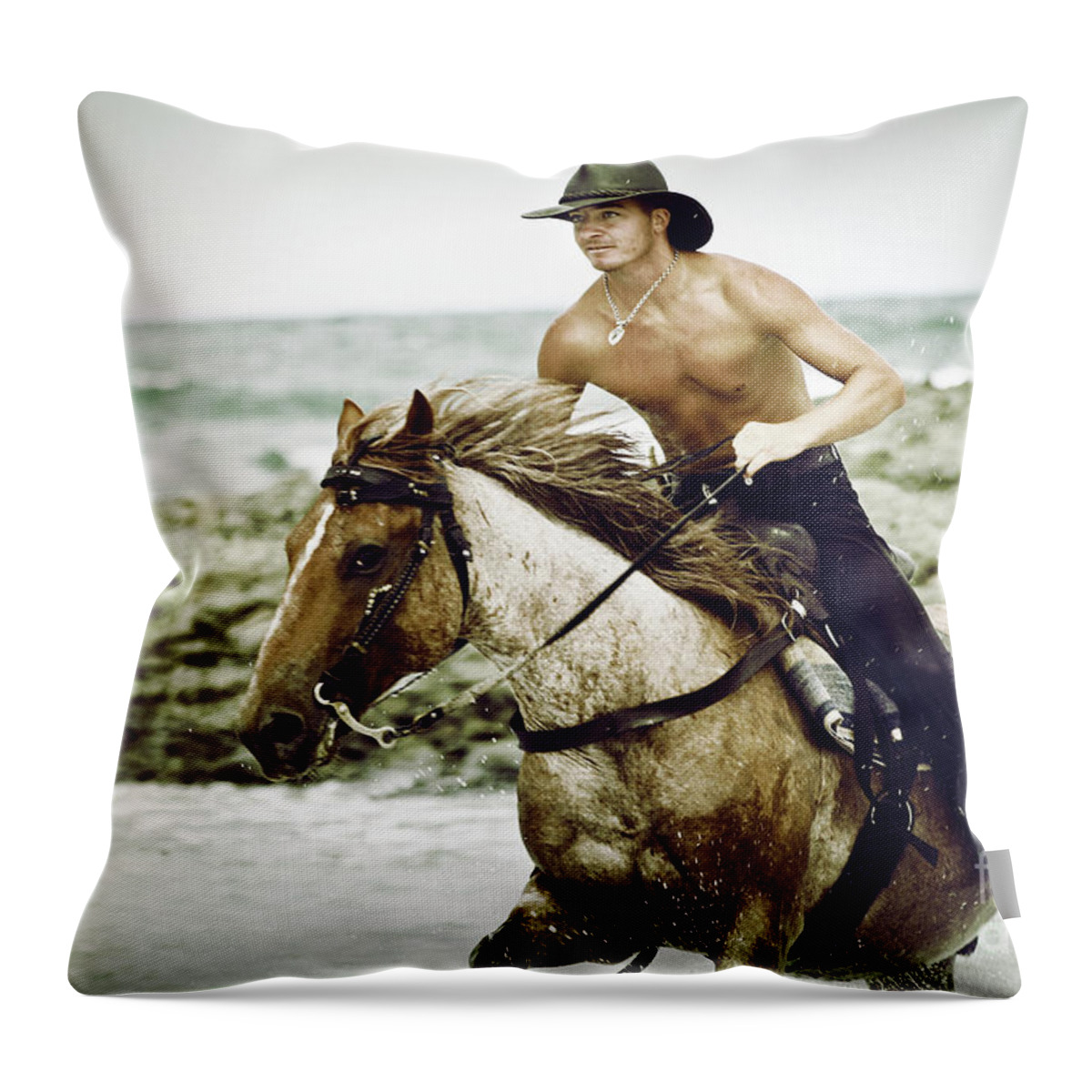 Horse Throw Pillow featuring the photograph Cowboy riding horse on the beach by Dimitar Hristov