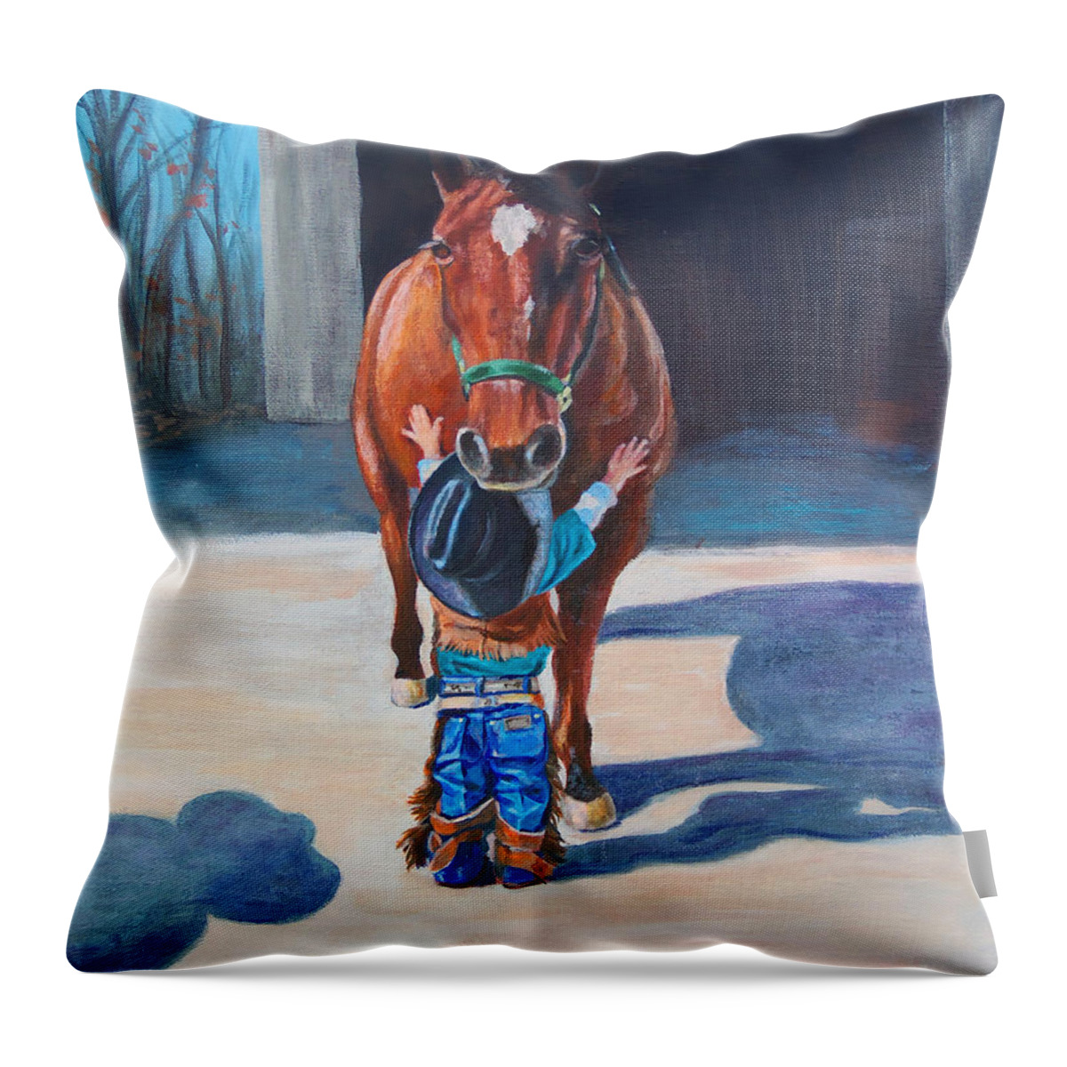 Little Cowboy Art Throw Pillow featuring the painting Cowboy's First Love by Karen Kennedy Chatham