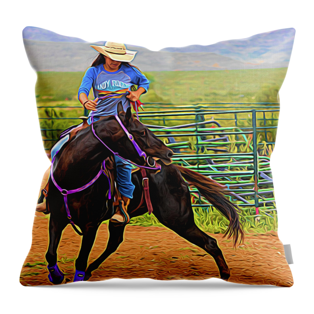 Horses Unlimited Rescue Throw Pillow featuring the digital art Cowgirl Digital Art Painting #1 by Walter Herrit