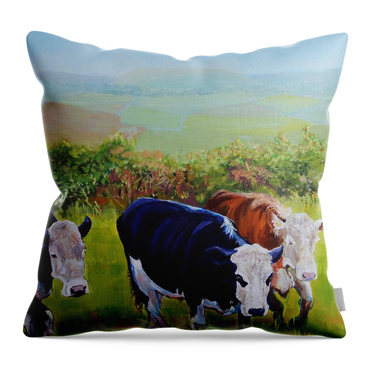 Misty Morning Throw Pillow featuring the painting Cows and English Landscape by Mike Jory