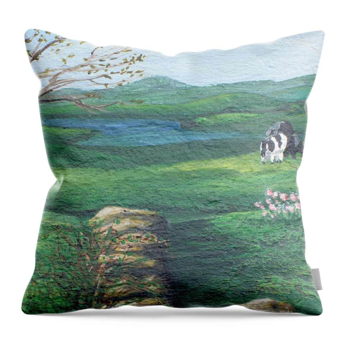 Farm Throw Pillow featuring the painting Cows in Field by Barbara McDevitt