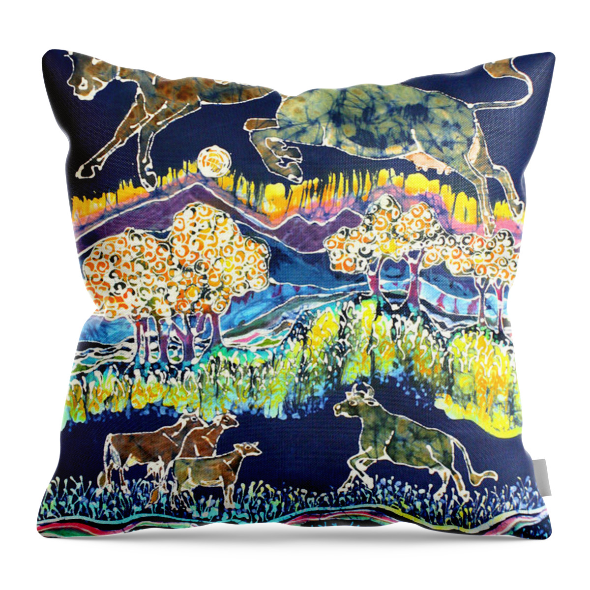  Cow Batik Throw Pillow featuring the tapestry - textile Cows Jumping Over The Moon by Carol Law Conklin
