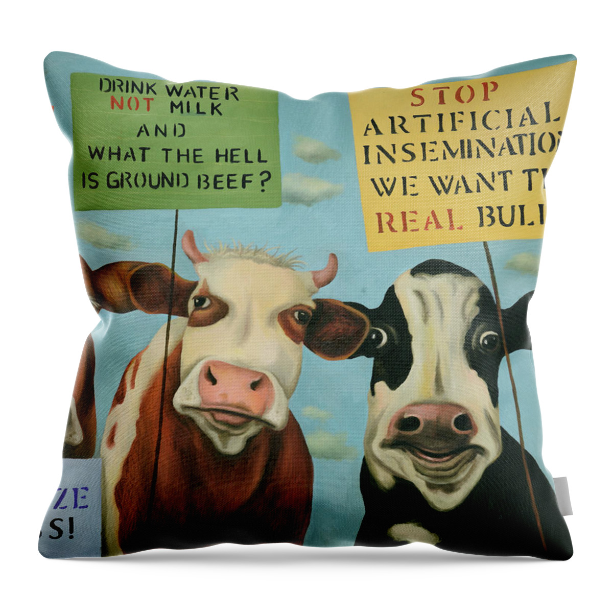 Cow Throw Pillow featuring the painting Cows On Strike by Leah Saulnier The Painting Maniac