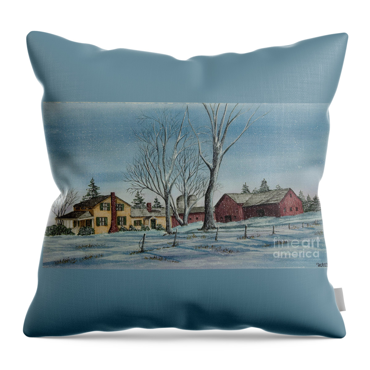 Farmhouse Throw Pillow featuring the painting Cozy Winter Night by Charlotte Blanchard