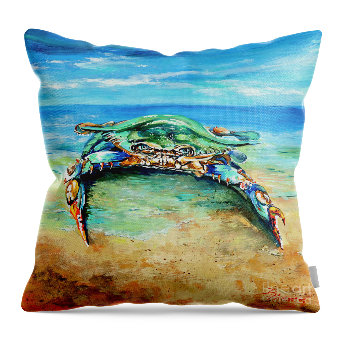 Louisiana Blue Claw Crab Throw Pillow featuring the painting Crabby at the Beach by Dianne Parks