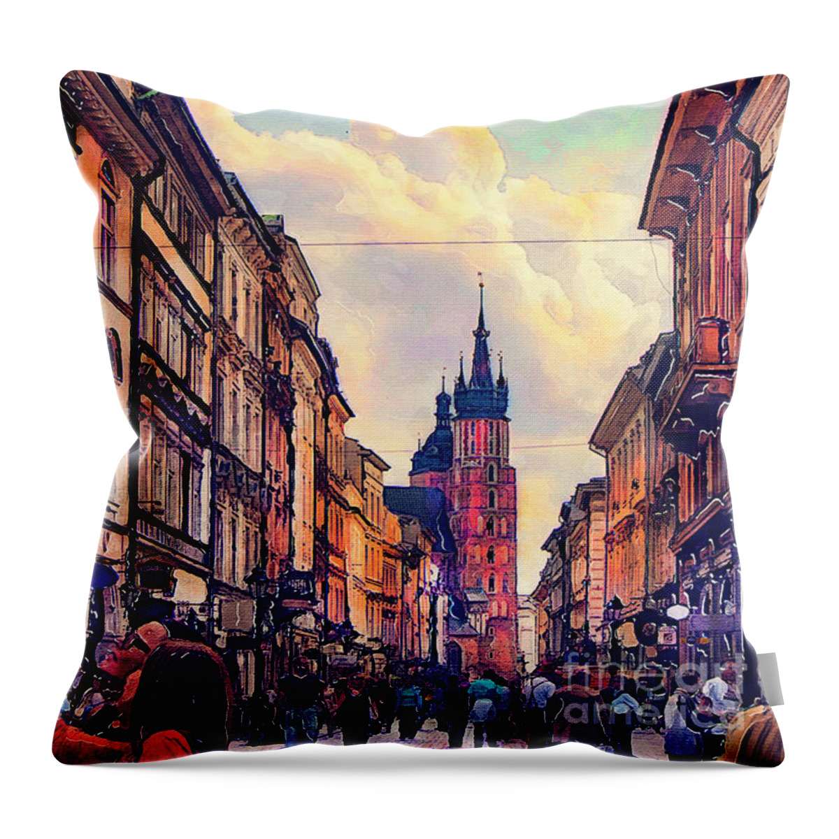 Cracow Throw Pillow featuring the painting Cracow Florianska street by Justyna Jaszke JBJart