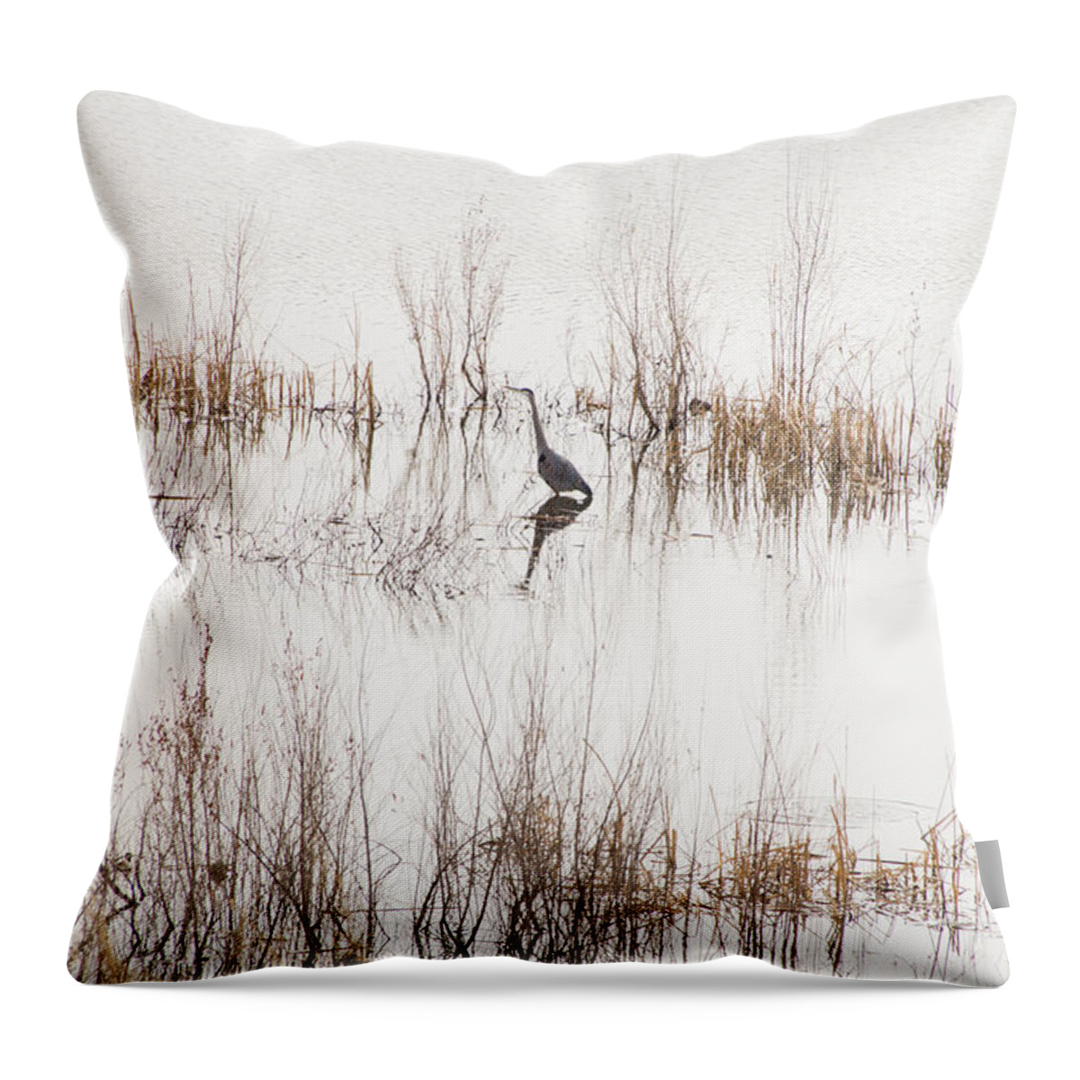 Crane Throw Pillow featuring the photograph Crane in Reeds by Laura Pratt