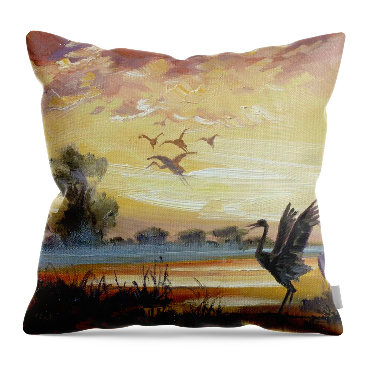 Cranes Throw Pillow featuring the painting Cranes - evening flight by Irek Szelag