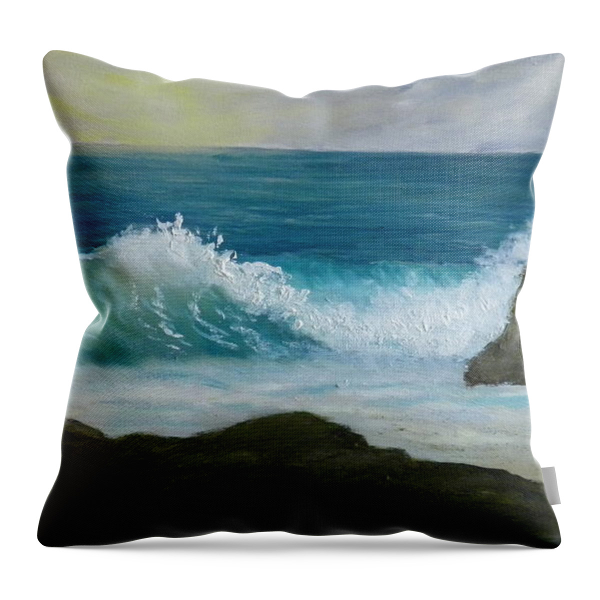Waves Seascape Landscape Ocean Rocks Coast Maine Throw Pillow featuring the painting Crashing Wave 3 by Scott W White