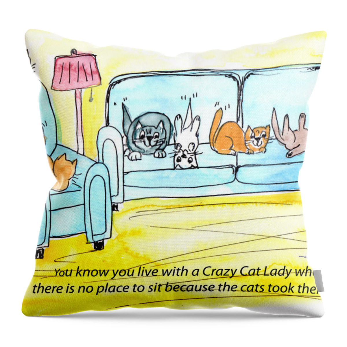 Cat Throw Pillow featuring the painting Crazy Cat Lady 0004 by Lou Belcher