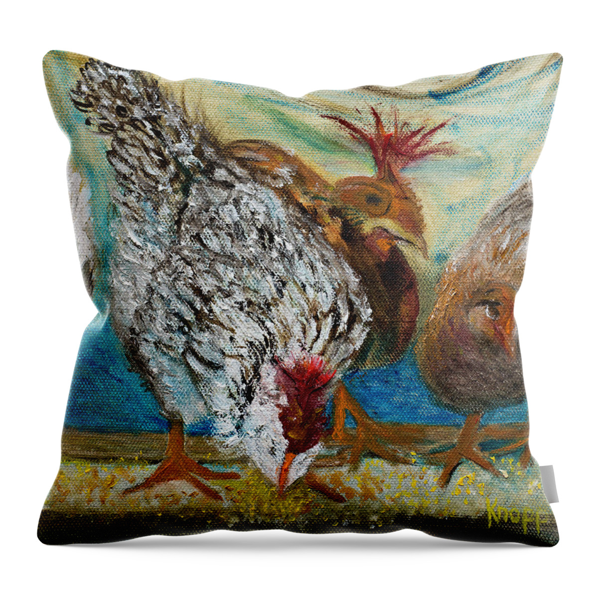 Africian Chickens Throw Pillow featuring the painting Crazy Chickens by Kathy Knopp