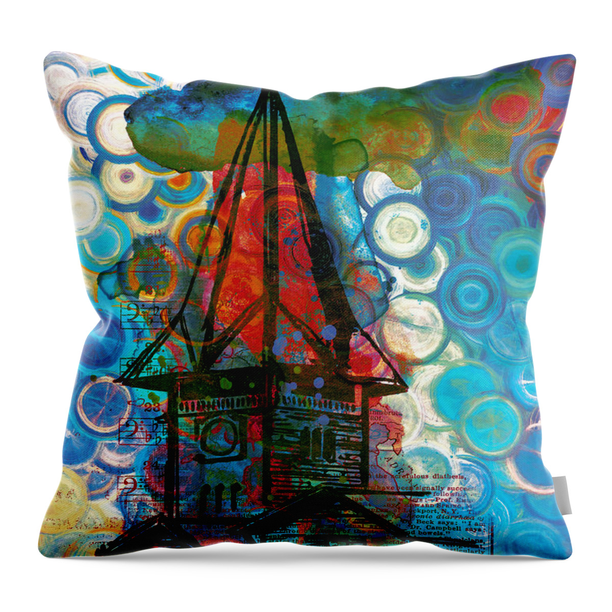 Crazy House In The Clouds Whimsy Throw Pillow featuring the painting Crazy Red House In The Clouds Whimsy by Georgiana Romanovna