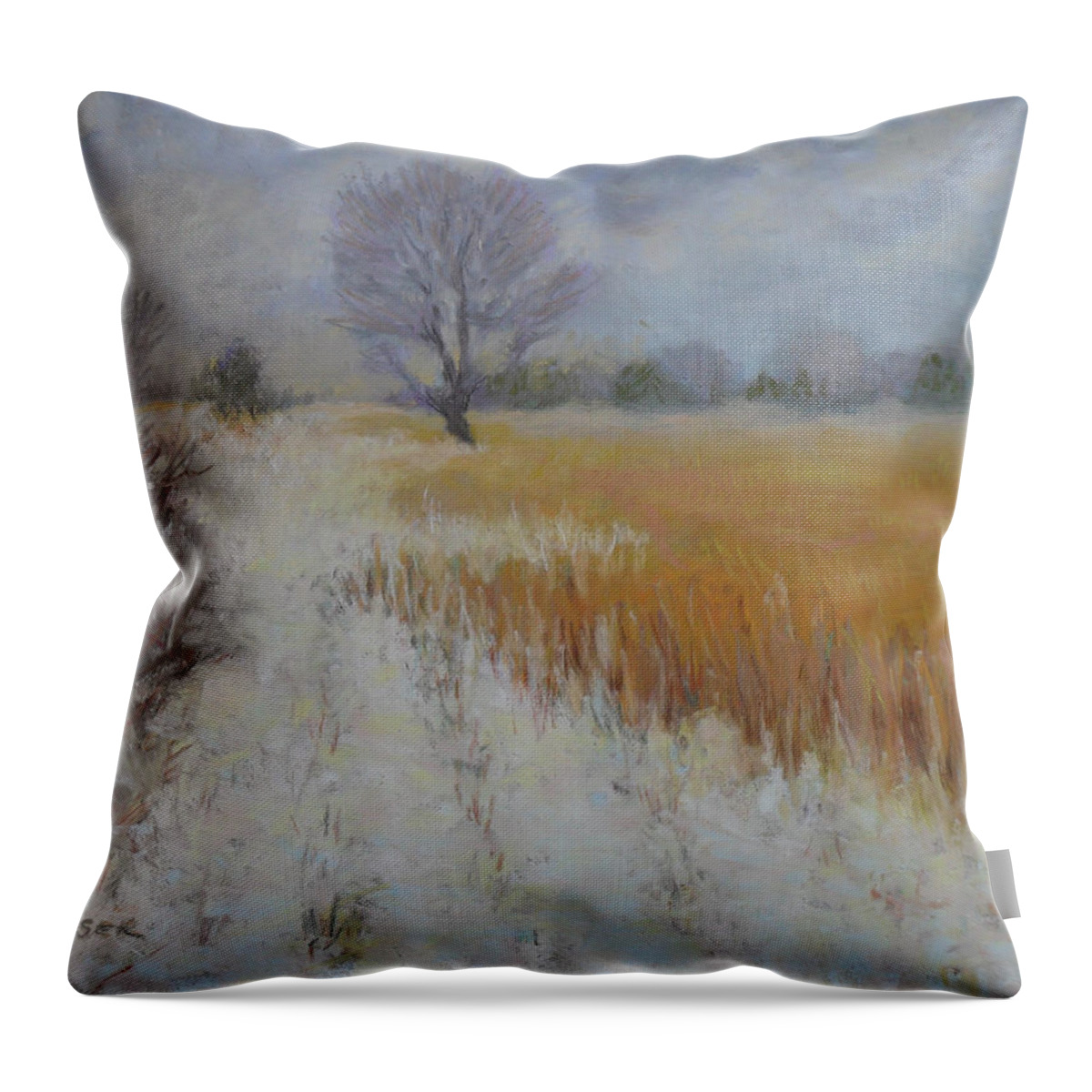 Landscape: Snowy View Of Farmers Field Under An Overcast Gray Sky Throw Pillow featuring the painting Cream of Wheat by Julie Mayser