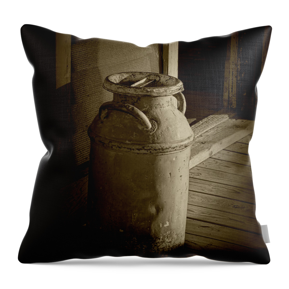 Milk Throw Pillow featuring the photograph Creamery Milk Can in Sepia Tone by Randall Nyhof