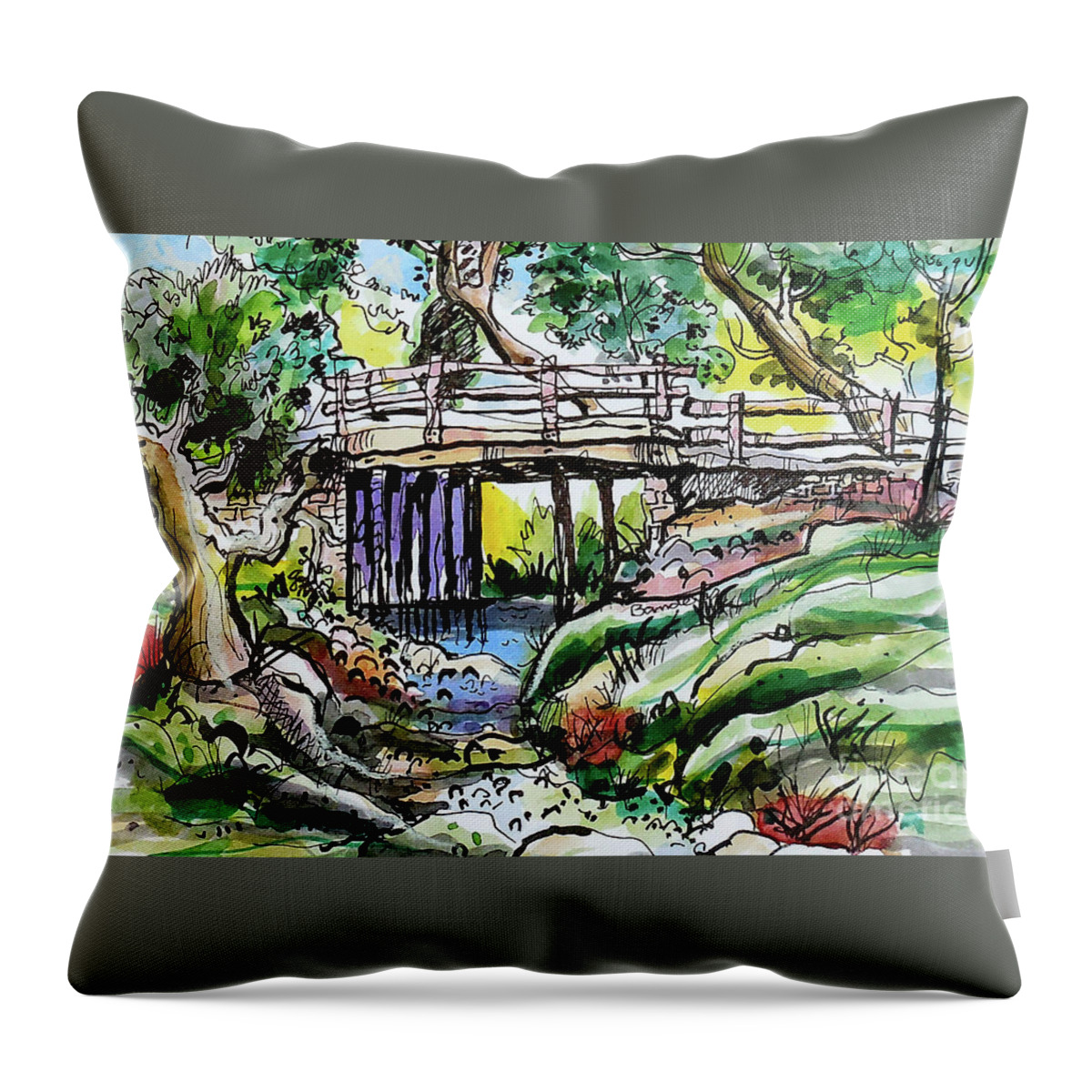 Creek Throw Pillow featuring the painting Creek Bed And Bridge by Terry Banderas