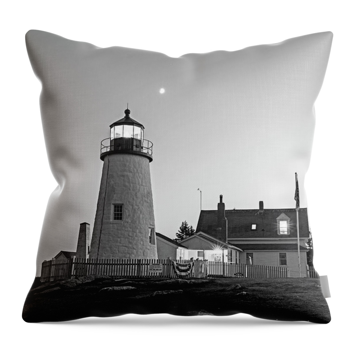 Pemaquid Throw Pillow featuring the photograph Crescent Moon over the Pemaquid Point Lighthouse Pemaquid ME Black and White by Toby McGuire