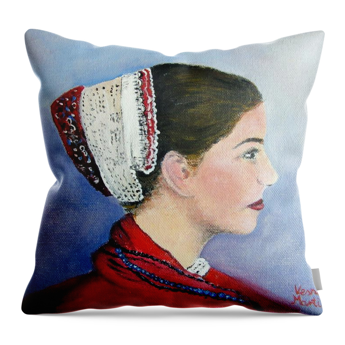 Girl Throw Pillow featuring the painting Croatian cultural heritage by Vesna Martinjak