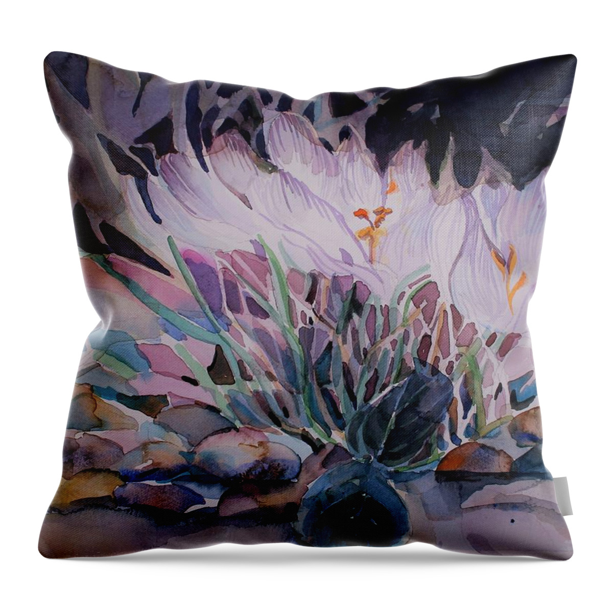 Crocuses Throw Pillow featuring the painting Crocuses by Mindy Newman