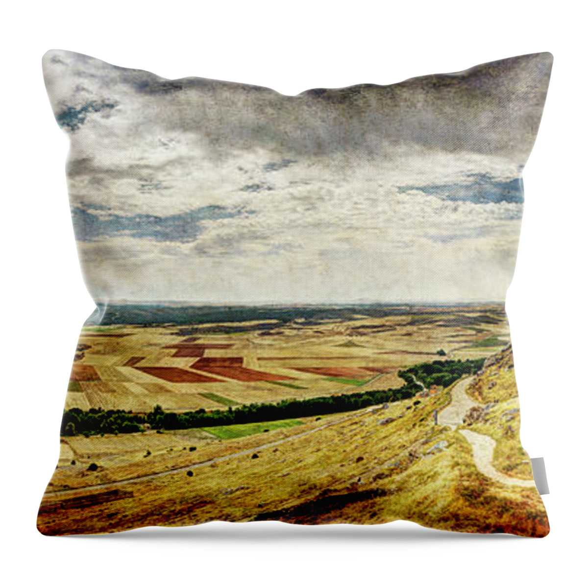 Castler Throw Pillow featuring the photograph Crop Fields and Village beneath the Castle - Vintage Version by Weston Westmoreland