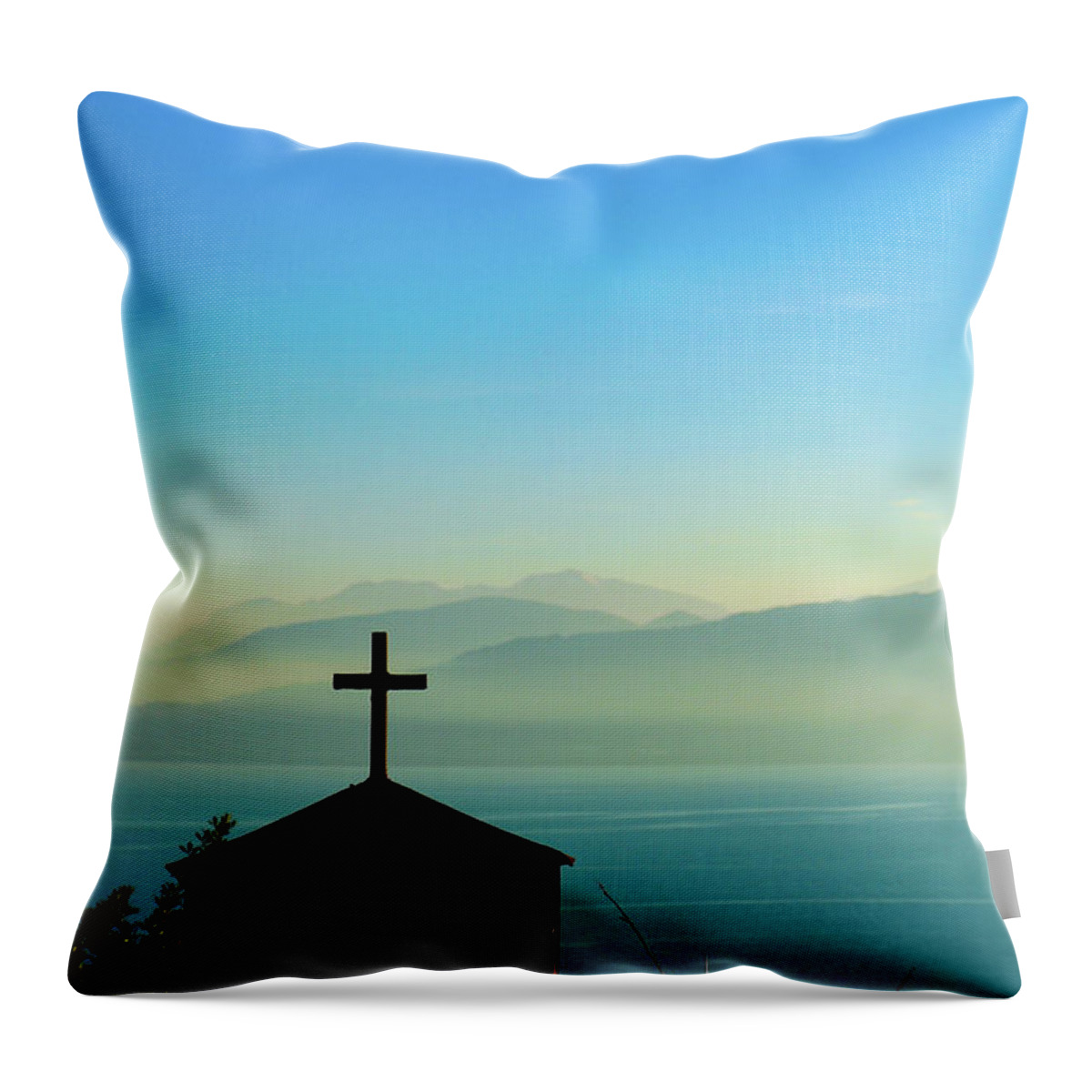 Landscape Throw Pillow featuring the photograph Cross and foggy moutains in Greece by Susan Vineyard