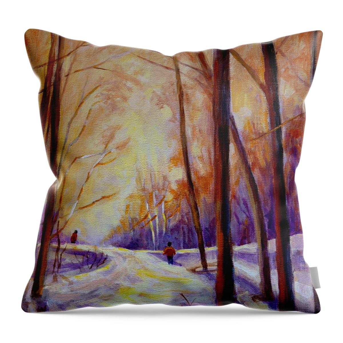Cross Country Siing St. Agathe Quebec Throw Pillow featuring the painting Cross Country Sking St. Agathe Quebec by Carole Spandau